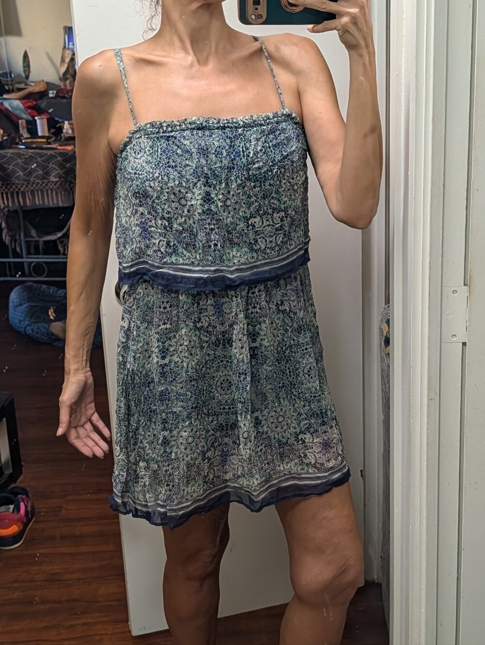 Ella Moss x Revolver silk Chiffon Navy Teal Floral Paisley Tiered Mini dress M